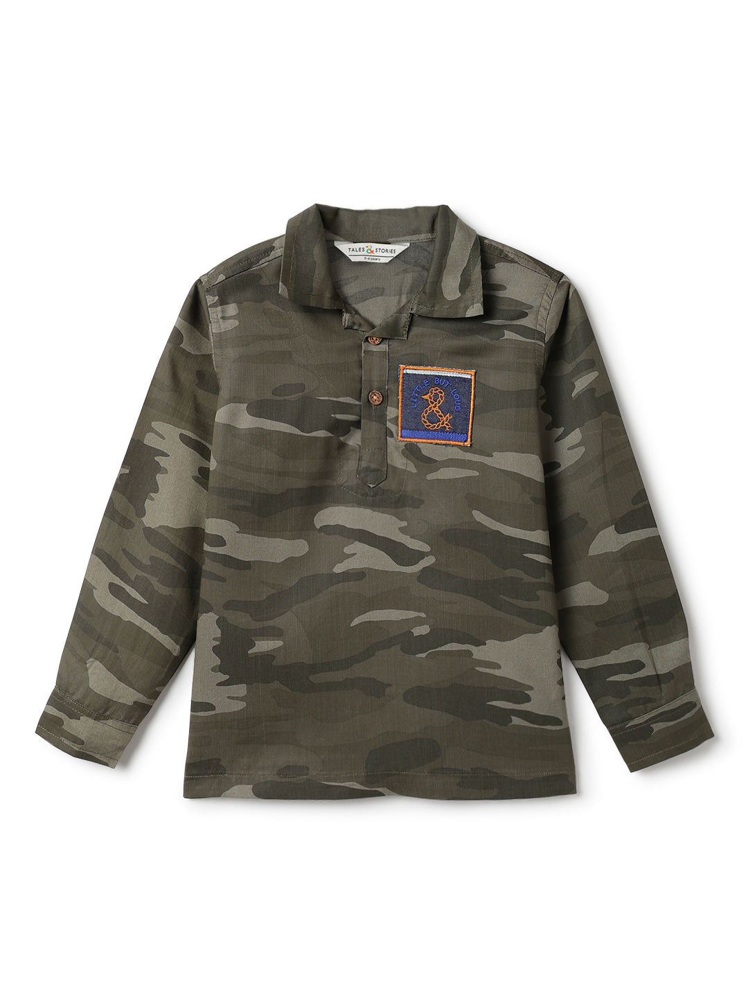 Boys Olive Cotton Twill Full Sleeve Camouflage Print Casual Shirt