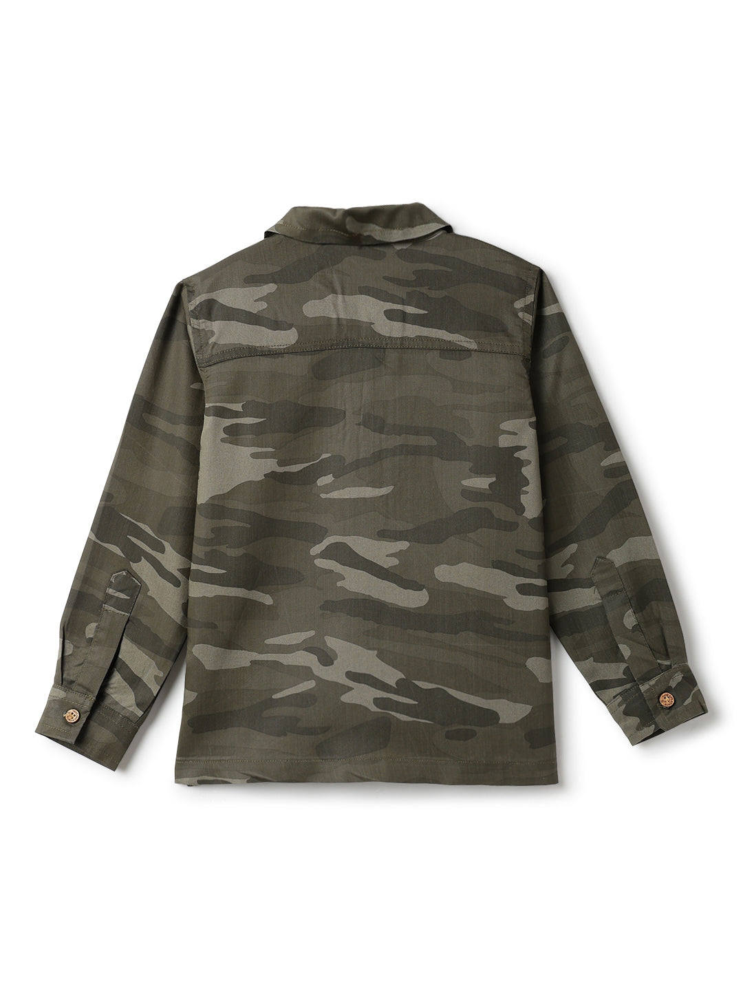 Boys Olive Cotton Twill Full Sleeve Camouflage Print Casual Shirt