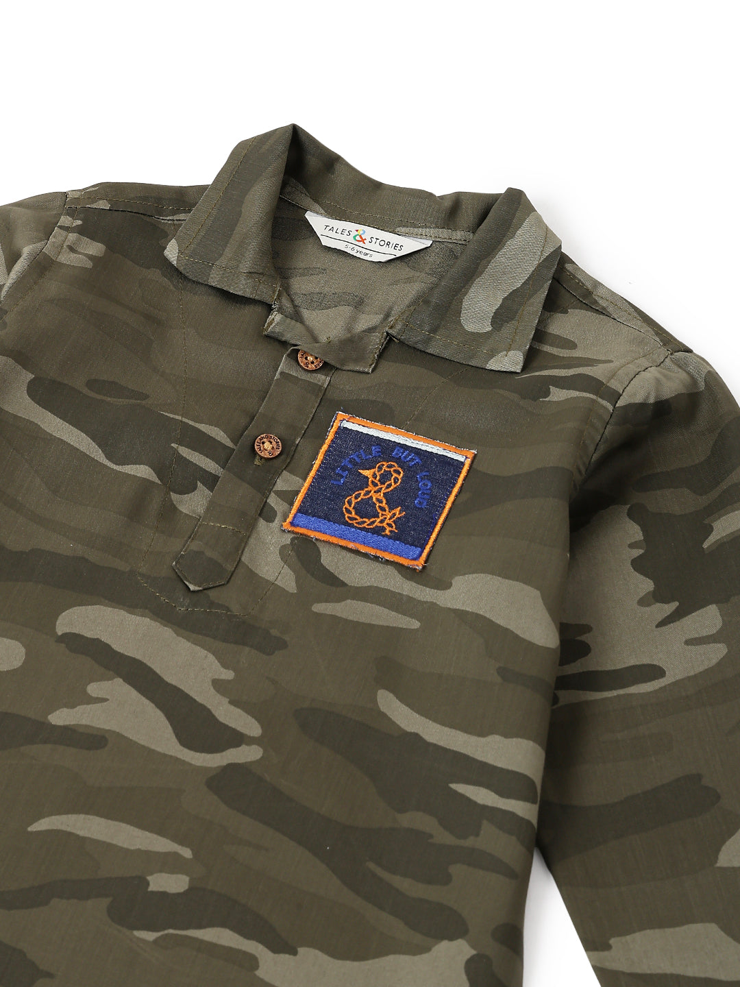 Boys Olive Cotton Twill Full Sleeve Camouflage Print Casual Shirt