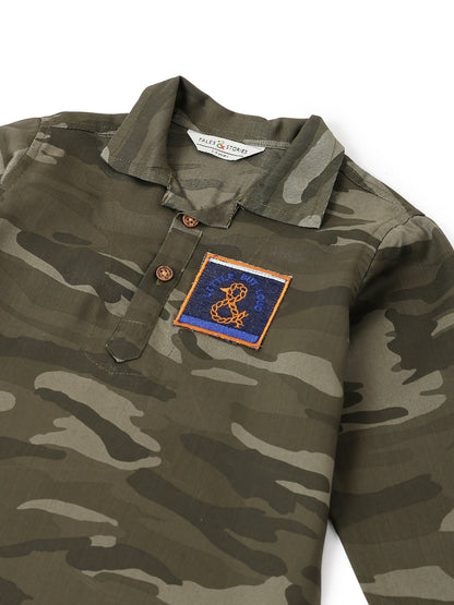 Boys Olive Cotton Twill Full Sleeve Camouflage Print Casual Shirt