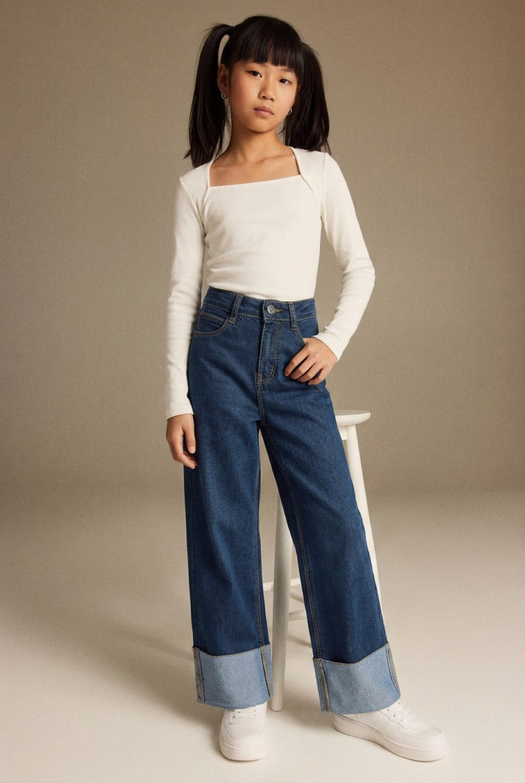Girls Dark Blue Wide Leg Stretchable Denim Jeans