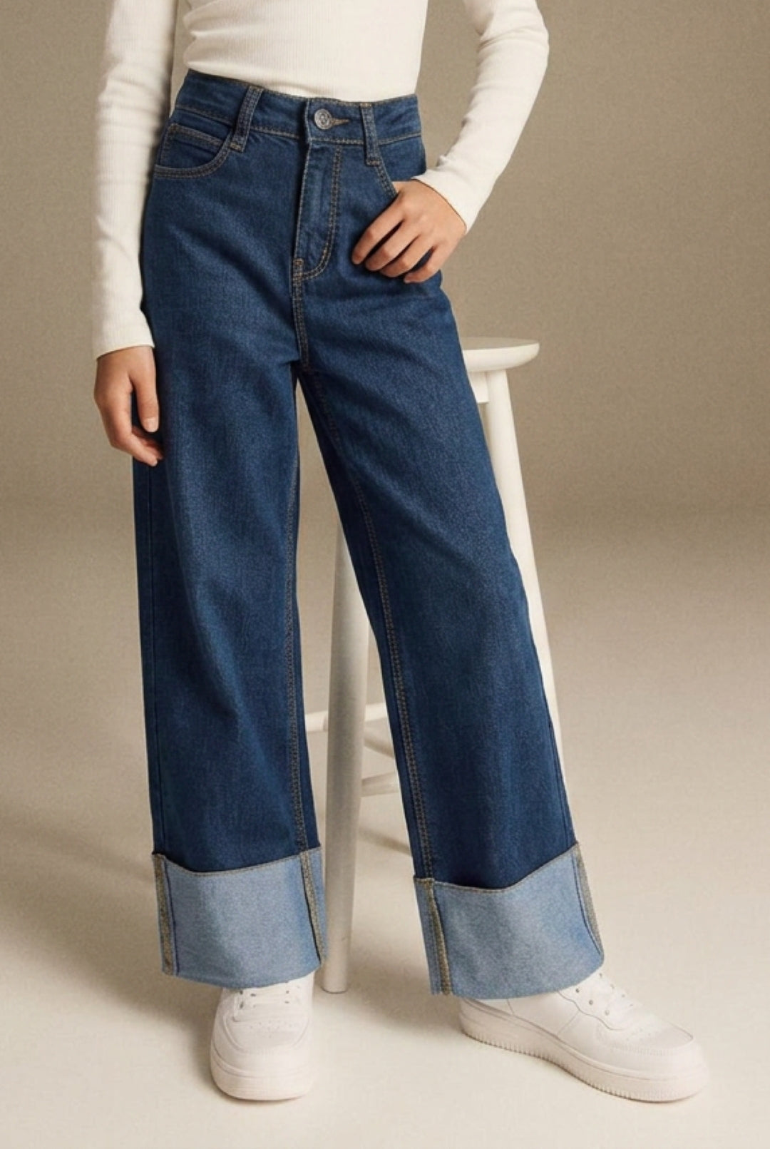 Girls Dark Blue Wide Leg Stretchable Denim Jeans