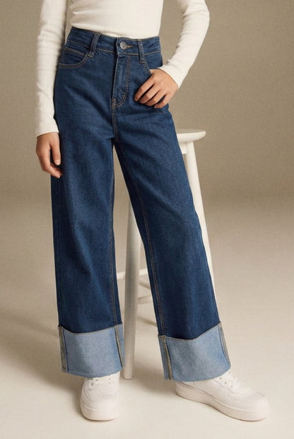 Girls Dark Blue Wide Leg Stretchable Denim Jeans