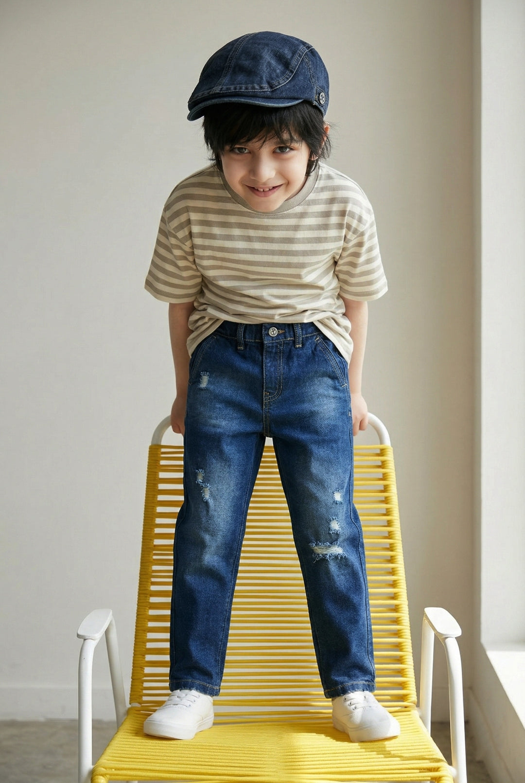 Boys Dark Blue Tapered Fit Distressed Denim Jeans