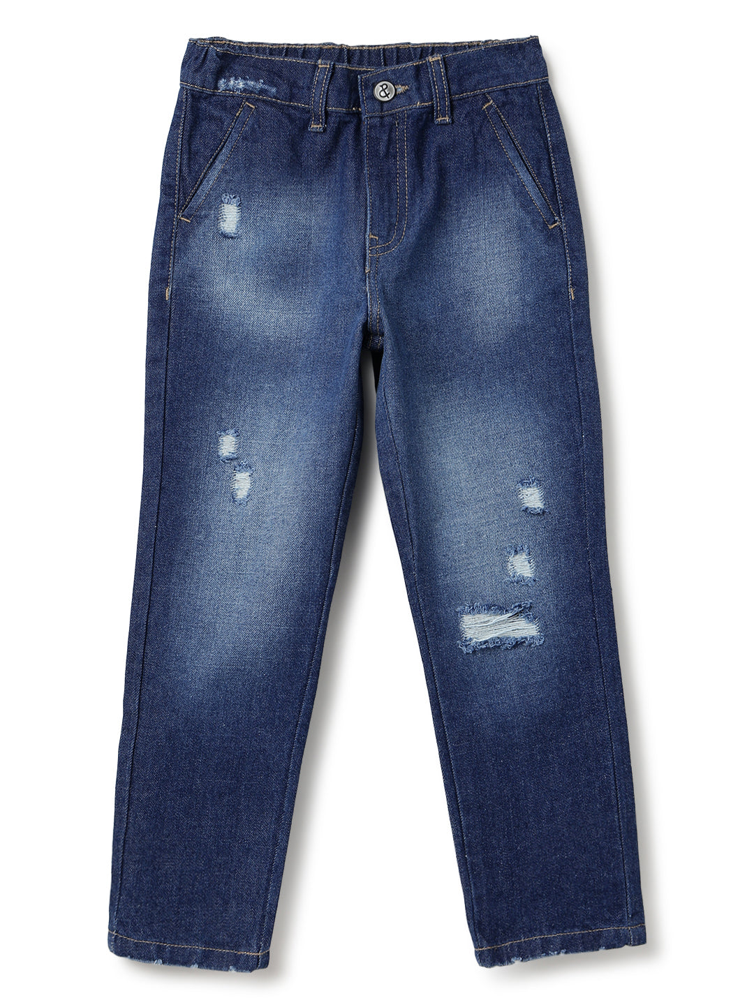 Boys Dark Blue Tapered Fit Distressed Denim Jeans