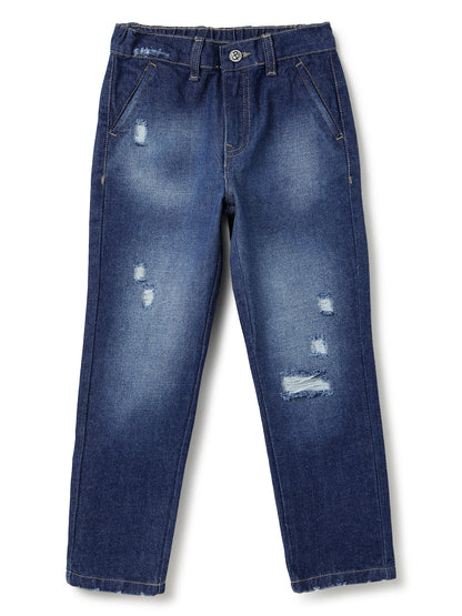 Boys Dark Blue Tapered Fit Distressed Denim Jeans