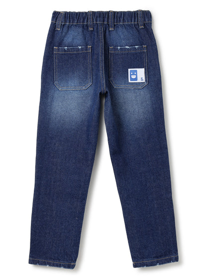 Boys Dark Blue Tapered Fit Distressed Denim Jeans