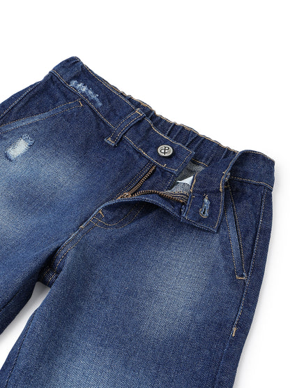 Boys Dark Blue Tapered Fit Distressed Denim Jeans