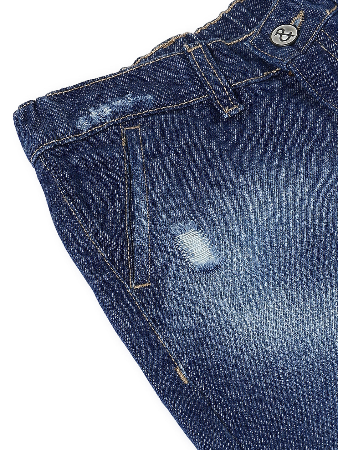 Boys Dark Blue Tapered Fit Distressed Denim Jeans