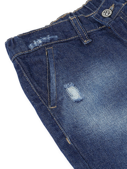 Boys Dark Blue Tapered Fit Distressed Denim Jeans
