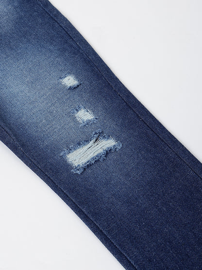 Boys Dark Blue Tapered Fit Distressed Denim Jeans