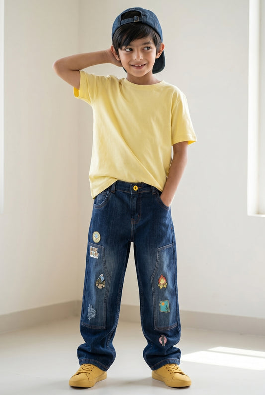 Boys Dark Blue Lycra Denim Baggy Fit Jeans