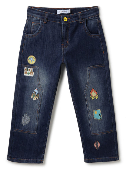 Boys Dark Blue Lycra Denim Baggy Fit Jeans