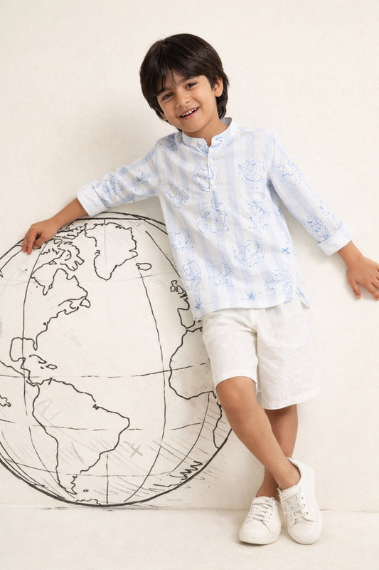 Boys Sky Blue Cotton Printed Kurta Shirt