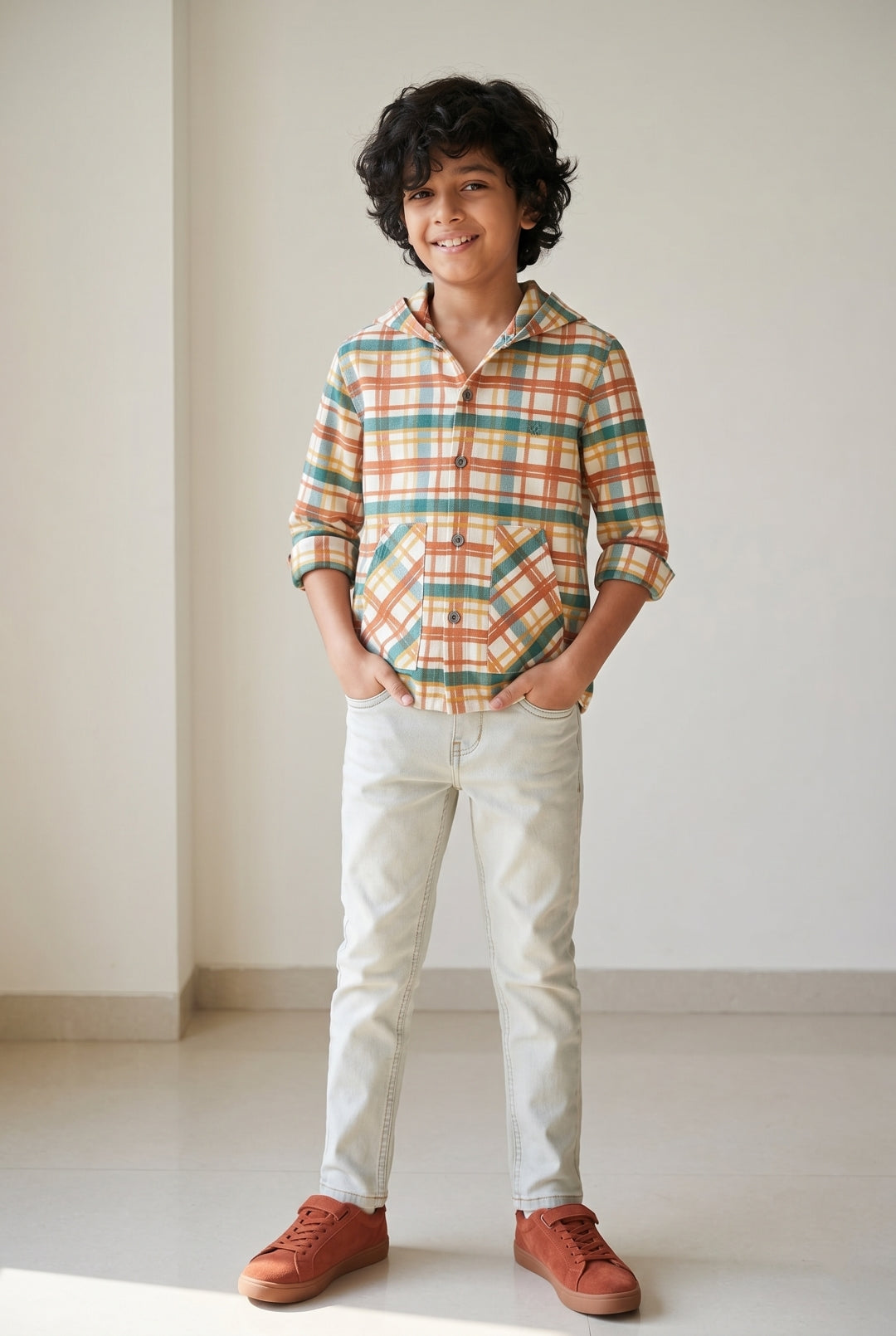 Boys  Cotton Multi Color Hooded Shirt With Light Shade Jeans Clothing Set