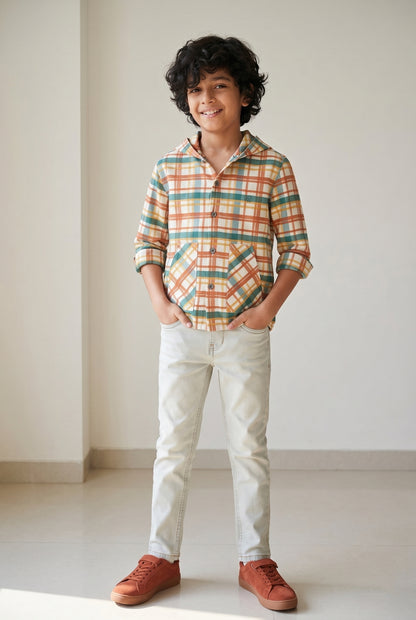 Boys  Cotton Multi Color Hooded Shirt With Light Shade Jeans Clothing Set