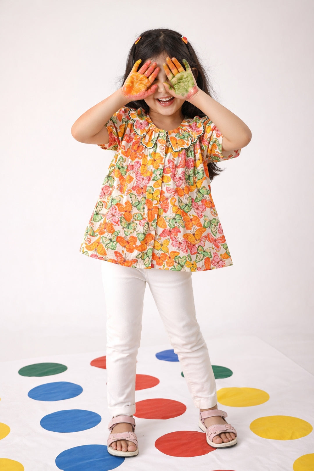 Girls Orange Butterfly Printed Top