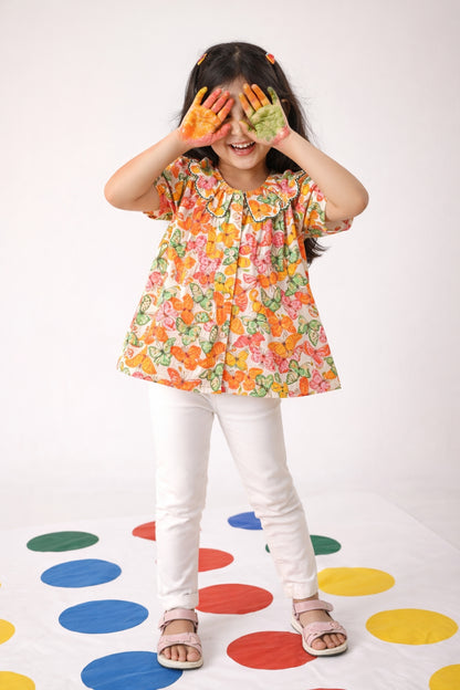 Girls Orange Butterfly Printed Top