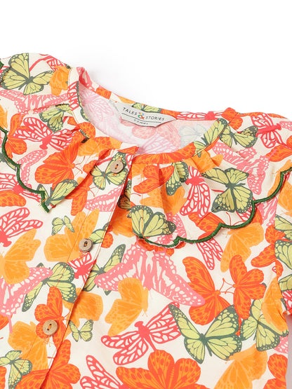 Girls Orange Butterfly Printed Top
