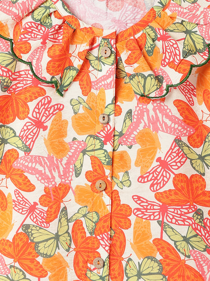 Girls Orange Butterfly Printed Top