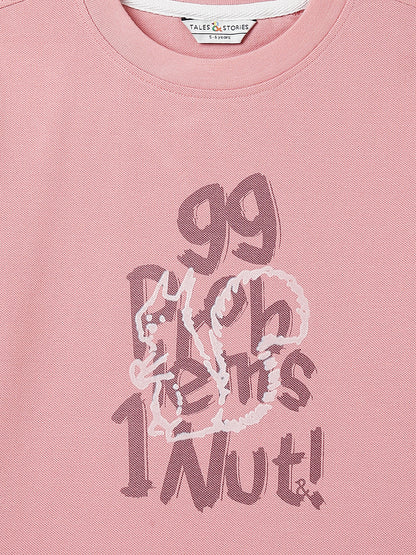 Boys Cotton Dusty Pink Printed Casual T-Shirt