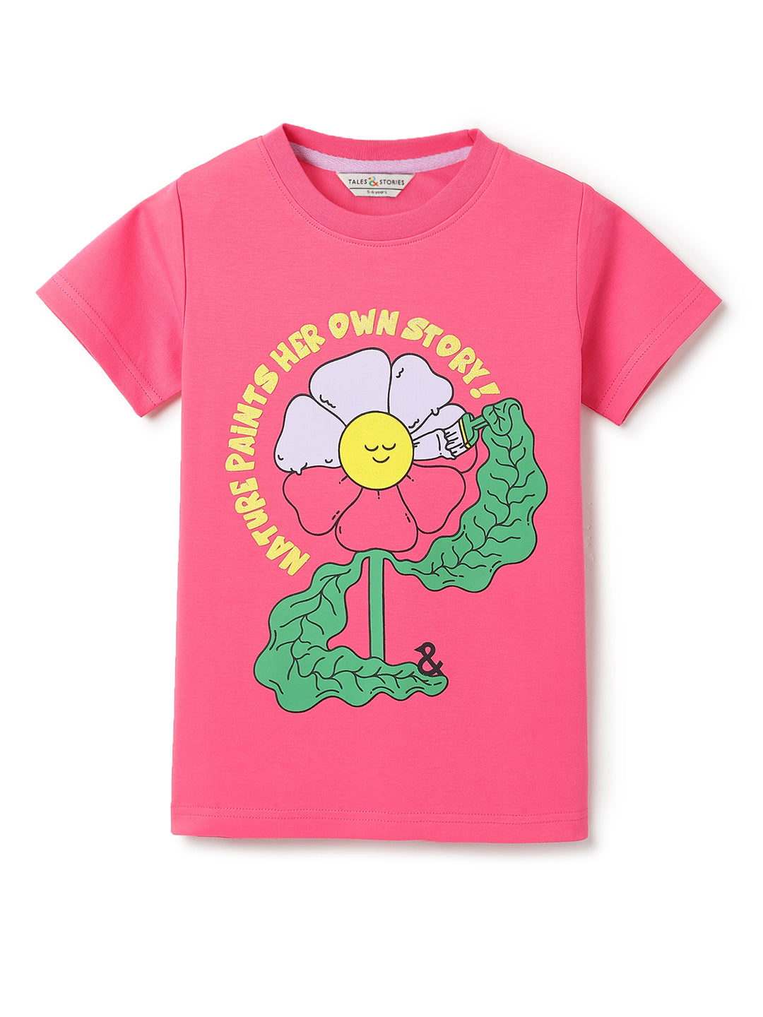 Girls Pink Lycra Floral Printed Casual T-Shirt