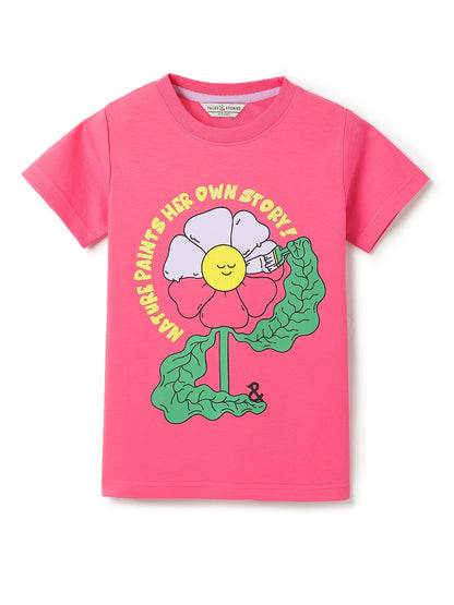 Girls Pink Lycra Floral Printed Casual T-Shirt