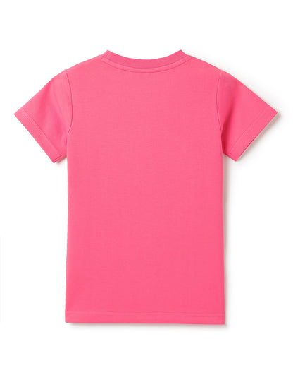 Girls Pink Lycra Floral Printed Casual T-Shirt