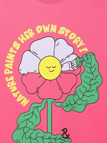 Girls Pink Lycra Floral Printed Casual T-Shirt