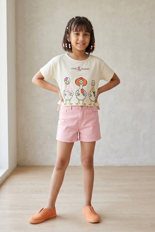 Girls Off White Printed Crop Boxy Fit T-Shirt