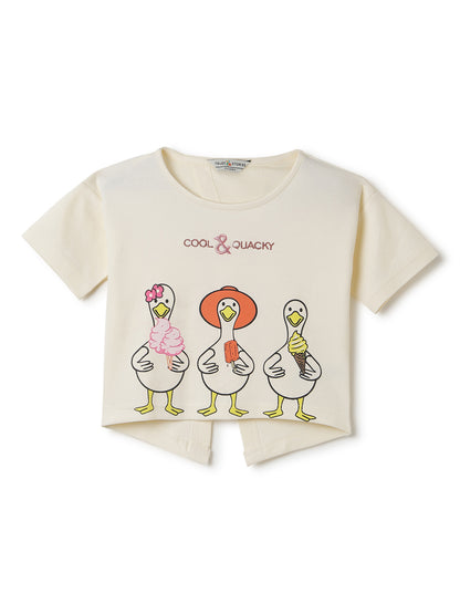 Girls Off White Printed Crop Boxy Fit T-Shirt