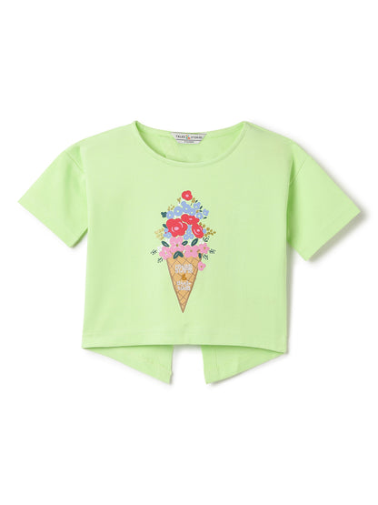 Girls Lime Green Printed Crop Boxy Fit T-Shirt
