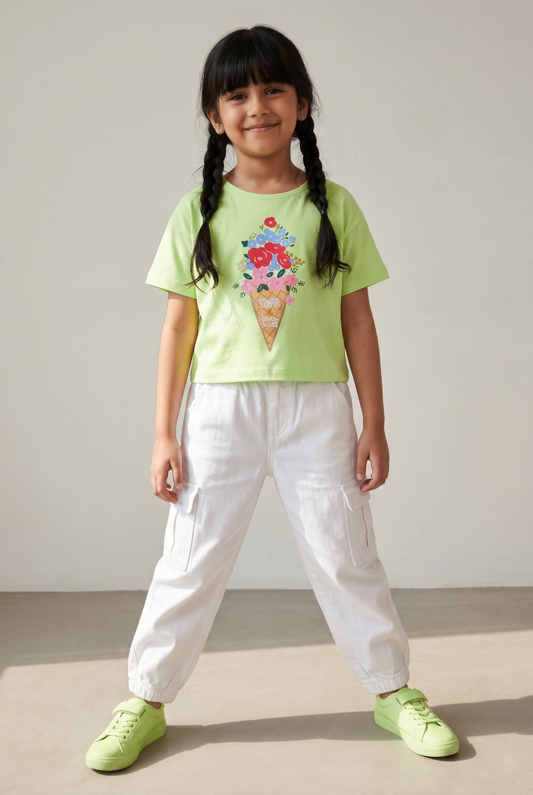 Girls Lime Green Printed Crop Boxy Fit T-Shirt