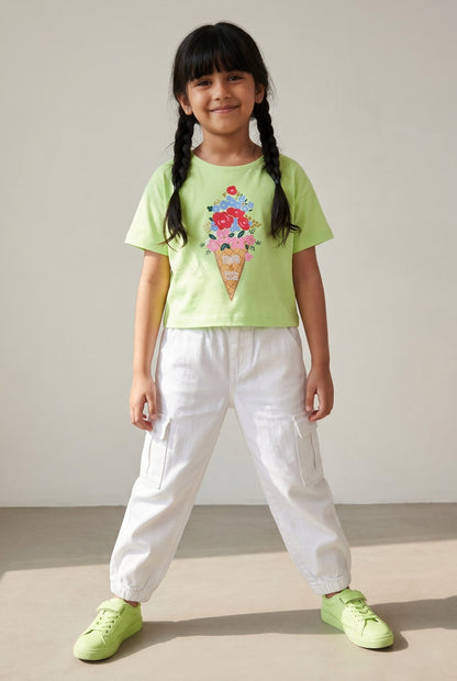 Girls Lime Green Printed Crop Boxy Fit T-Shirt