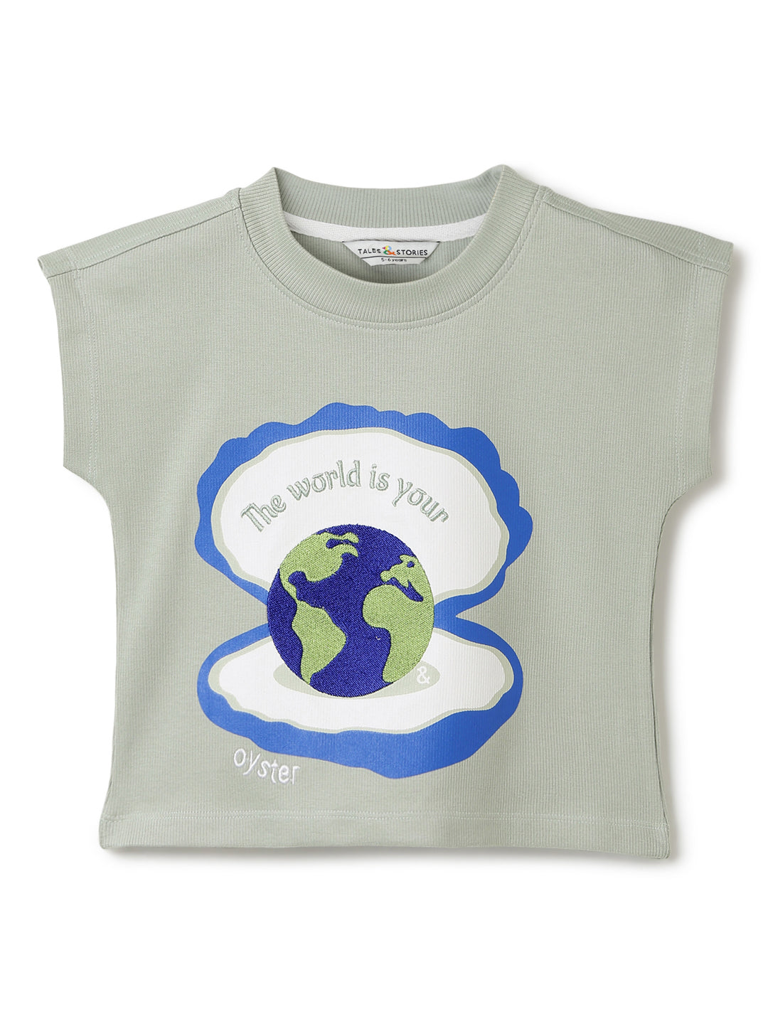 Girls Olive Green Embroidered Crop Boxy Fit Top