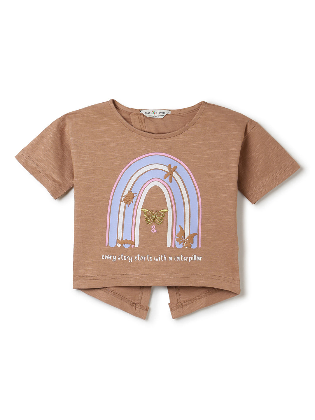 Girls Brown Printed Crop Boxy Fit T-Shirt