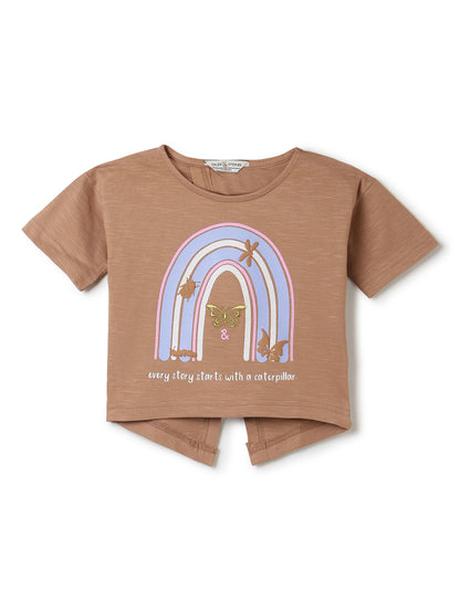 Girls Brown Printed Crop Boxy Fit T-Shirt
