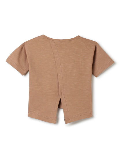 Girls Brown Printed Crop Boxy Fit T-Shirt