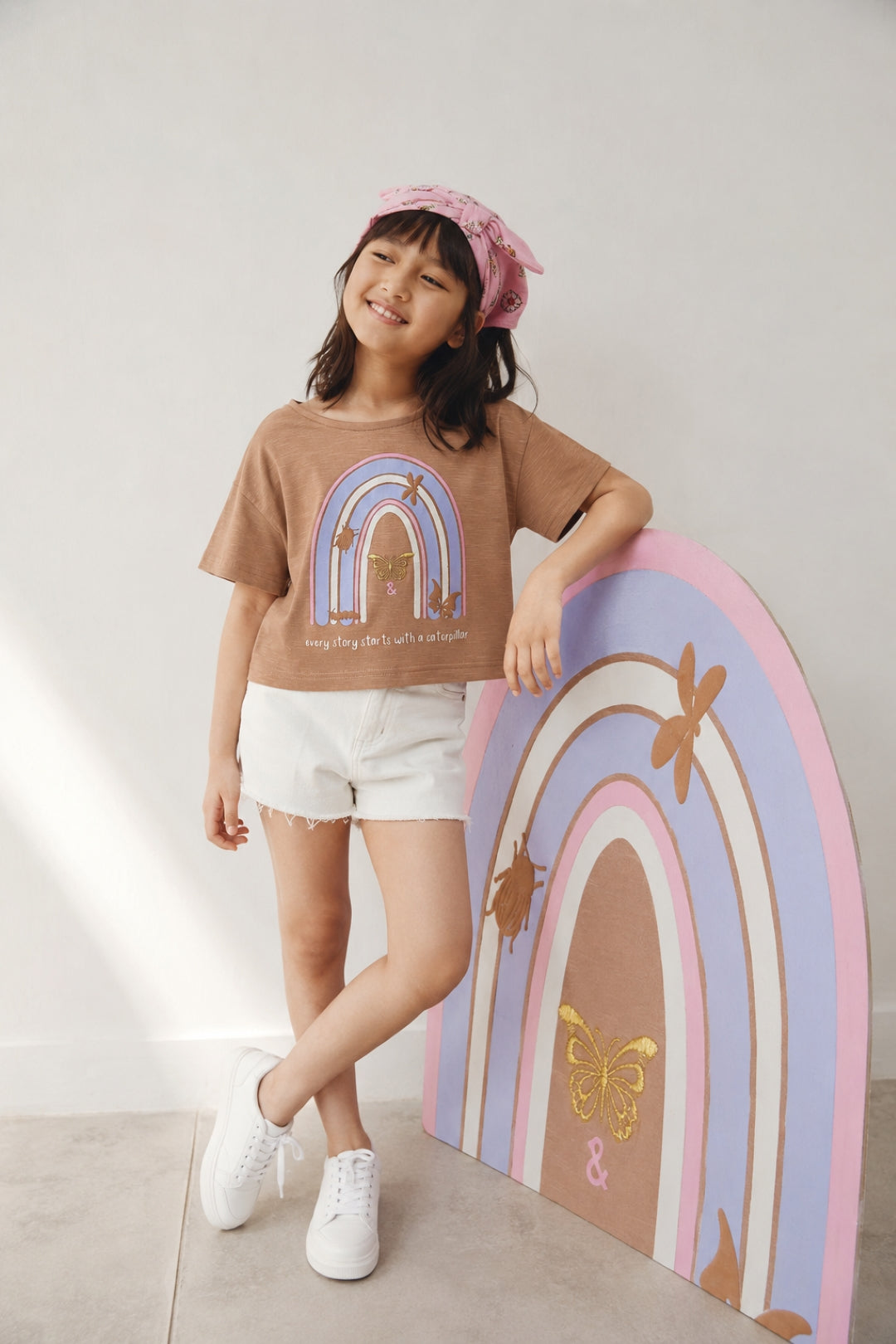 Girls Brown Printed Crop Boxy Fit T-Shirt
