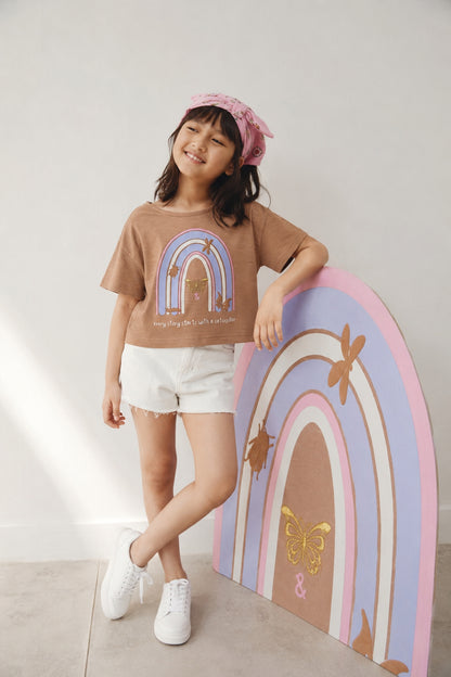 Girls Brown Printed Crop Boxy Fit T-Shirt