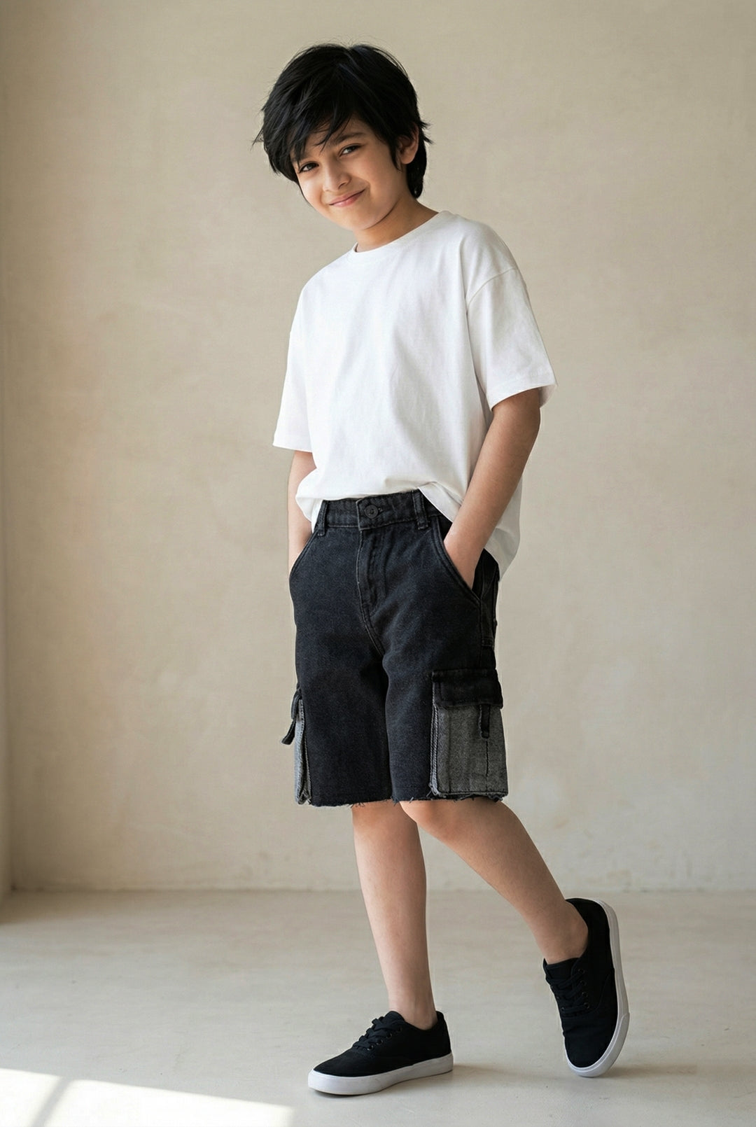 Boys Black Cargo Pocket Denim Bermuda Shorts