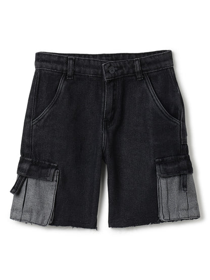Boys Black Cargo Pocket Denim Bermuda Shorts