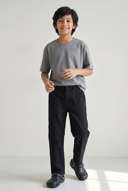 Boys Black Cotton Twill Tapered Fit Solid Casual Trousers