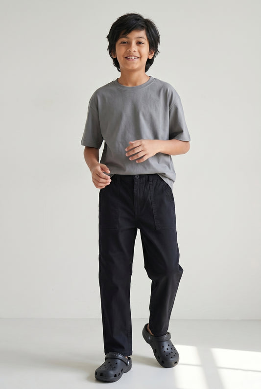 Boys Black Cotton Twill Tapered Fit Solid Casual Trousers
