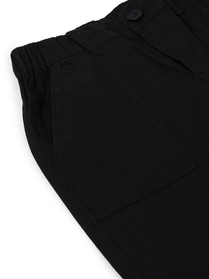 Boys Black Cotton Twill Tapered Fit Solid Casual Trousers