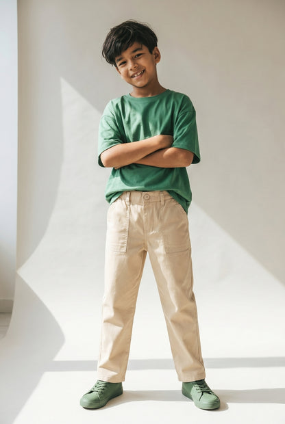 Boys Cream Cotton Twill Tapered Fit Solid Casual Trousers