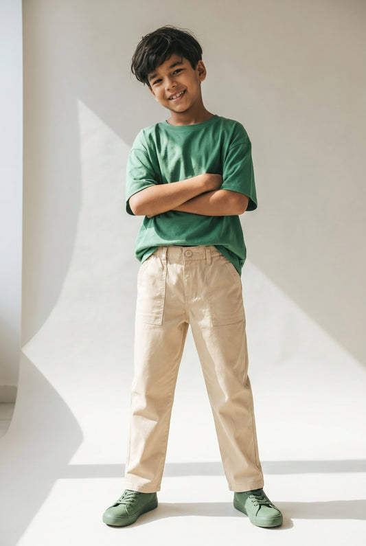 Boys Cream Cotton Twill Tapered Fit Solid Casual Trousers