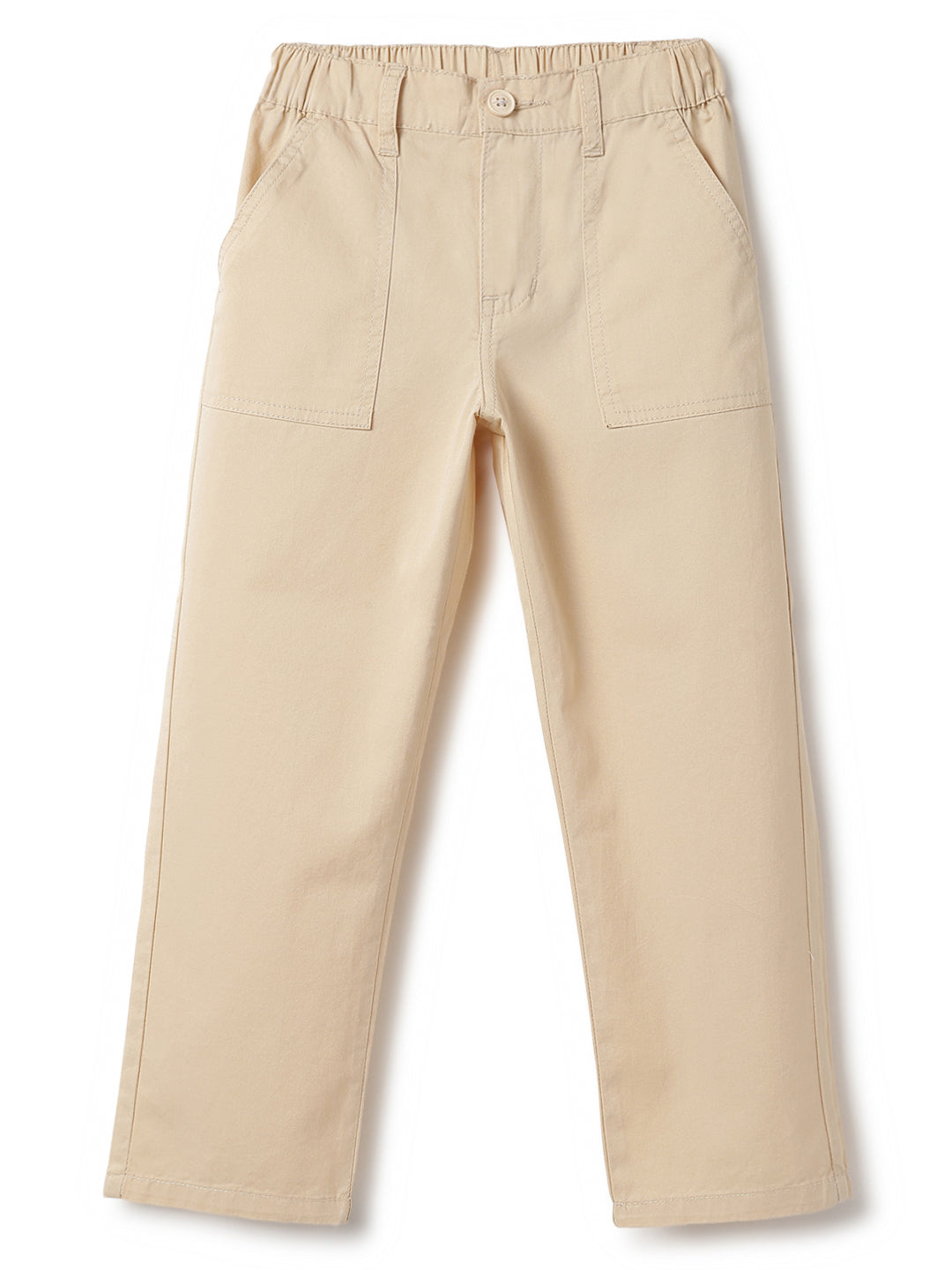 Boys Cream Cotton Twill Tapered Fit Solid Casual Trousers