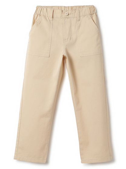 Boys Cream Cotton Twill Tapered Fit Solid Casual Trousers