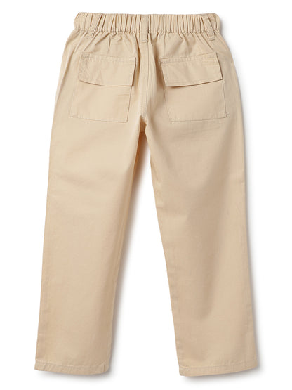 Boys Cream Cotton Twill Tapered Fit Solid Casual Trousers